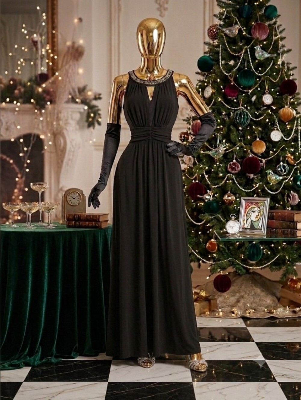 Enfocus Studio Black Embellished Halter Maxi Dress